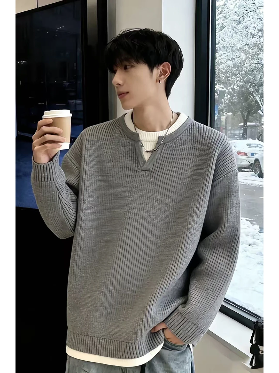 

ay Fce Lined V-Ne Knitwear Men's Autumn Winter Warm Inner Wear Casual Sle Korean Loose Fit Knitted Sweater