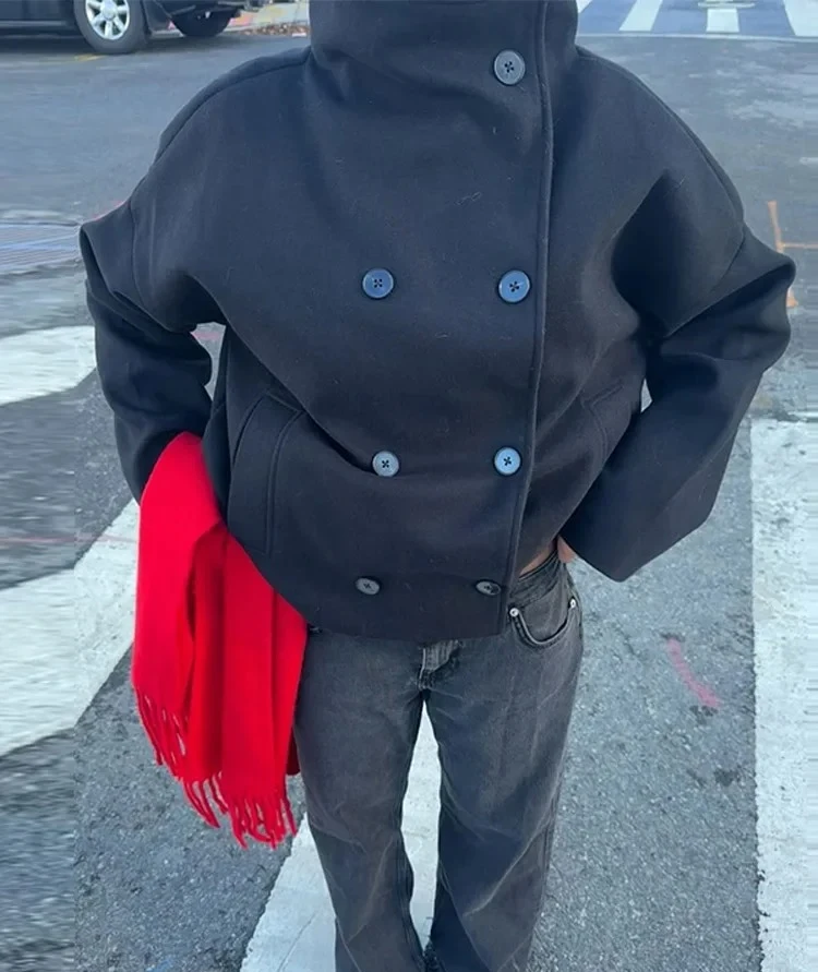 

Elegant Short Coat For Women Turtleneck Full Sleeve Double Breasted Pocket Parka