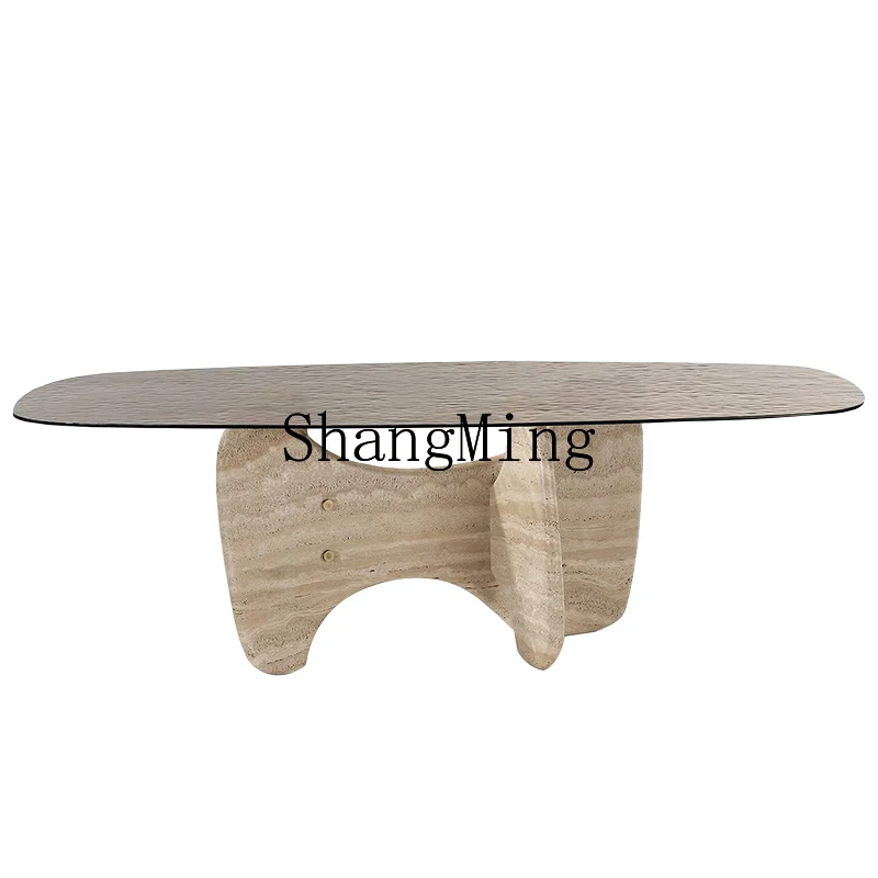 

FG natural travertine glass dining table modern simple creative home light luxury art creative dining table