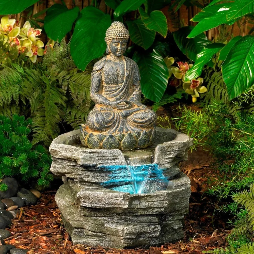 21 Inch High Seated Buddha with Simple Zen Style Outdoor Floor Standing Fountain, Decorated with LED Lights for Outdoor Fountain