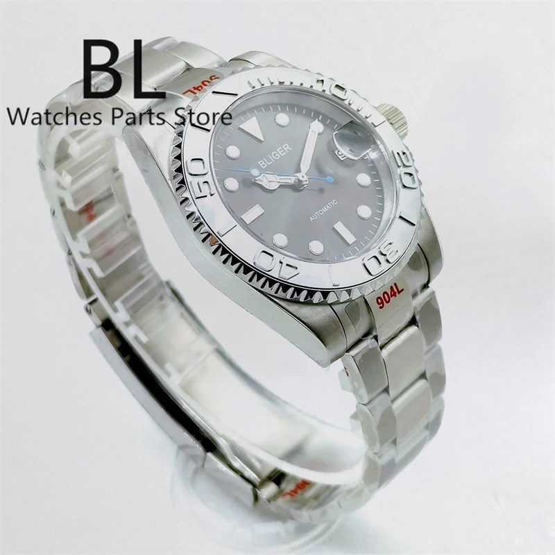 BLIGER 40mm NH35 Watch For Men Silver Insert Sunburst Gray Dial Blue Second Hand Sapphire Glass Steel Bracelet Waterproof Date