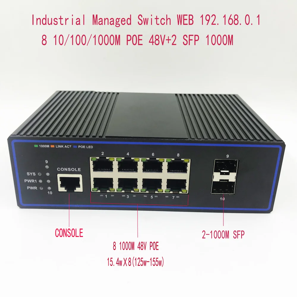 

8 port 1000M industrial managed switch POE switch 10/100/1000M 2SFP ndustrial grade switch network VLAN 192.168.0.1 web managed