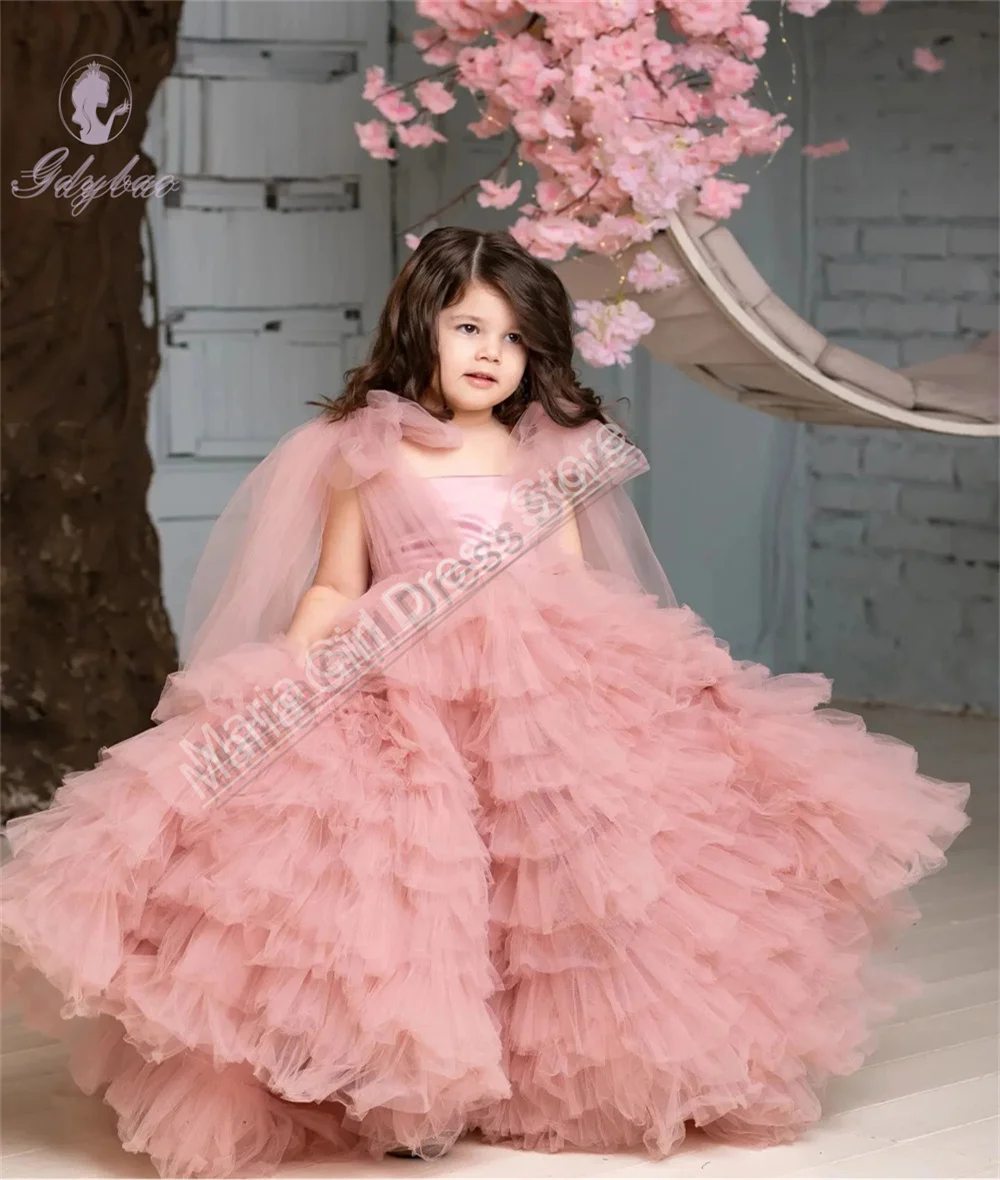 Ruffles Flower Girl Dresses Lovely Pink Tulle Layering For Wedding Prom First Communion Birthday  Official Events Dress