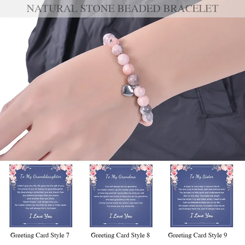 8mm Pink Zebro Stone Nature Crystal Card Bracelets Women Handmade Elastic Rope Bracelet for Mom/ Wife/ Grandma Gift