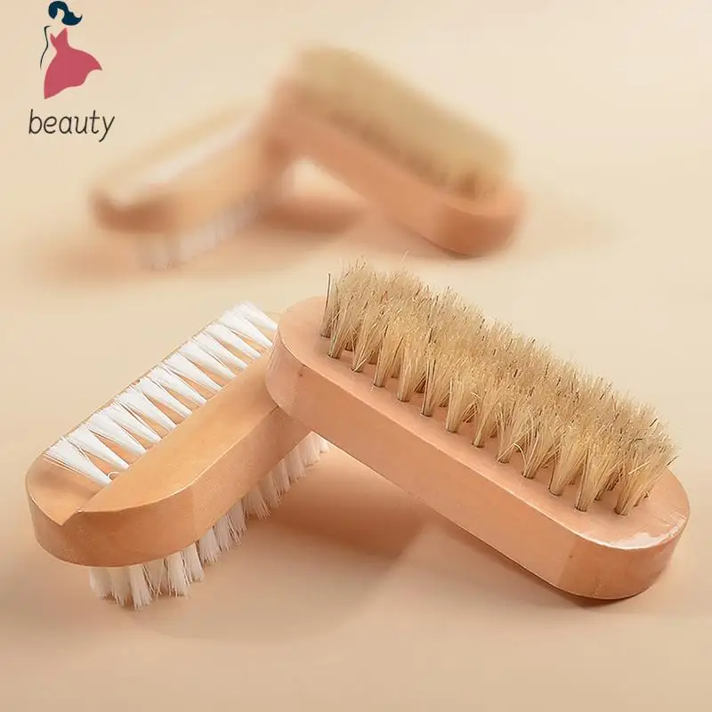 Double Sided Natural Bristle Nail Brush Manicure Pedicure Wooden Handle Soft Remove Dust Nail Cleaning Tools Brush Nail Care