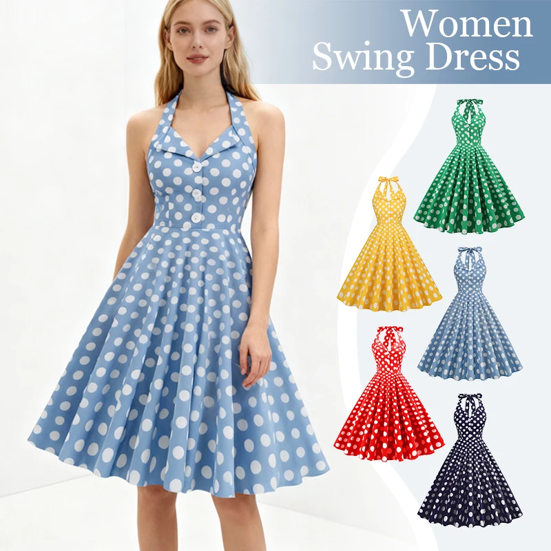 

Christmas Dress Women Vintage 1950s 60s Rockabilly Polka Dot Big Swing Dress Pinup Ball Gown Party Sundress Elegant Robe