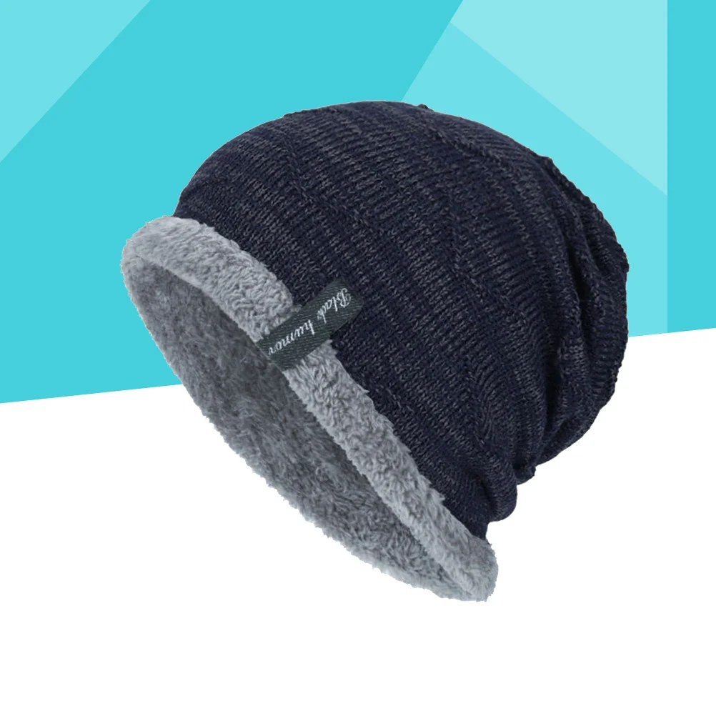 

Men's Thick Lined Knit Beanie Winter Warm Hat Design Navy Soft Brim Wind Protection Hair Everyday Use