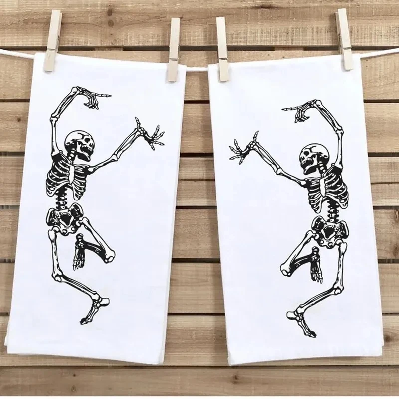 Dancing Skeletons Kitchen Tea Towel Trick Or Treat friend family Halloween eve dinner party Farmhouse decoration hostess gift