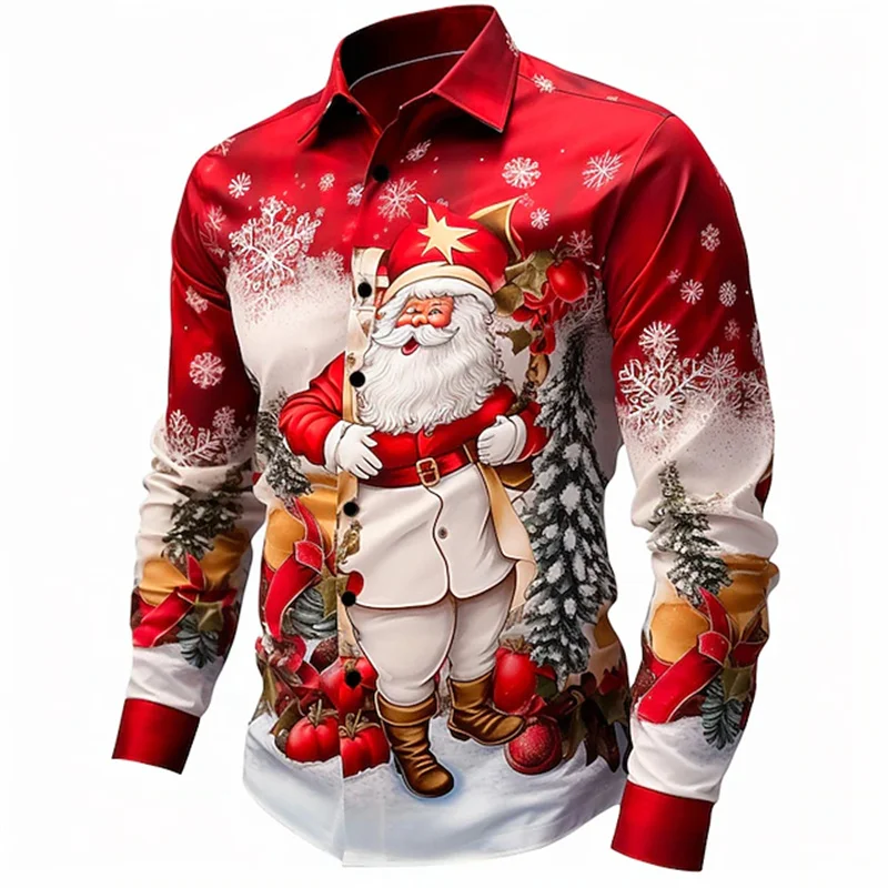 Christmas print shirt Santa Claus tree bell casual daily wear out autumn and winter lapel long sleeve dark red fast delivery