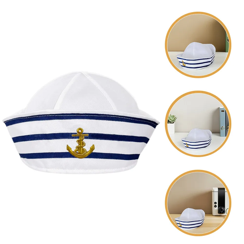 

Nautical Sailor Hat Blue White Striped Dome Brim Captain Cap Secure Fit Lightweight Breathable for Summer Parties Cosplay