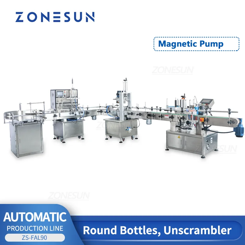 ZONESUN Automatic Production line Round Plastic Bottle Labeler Liquid Beverage Unscrambler Filling Labeling Capping ZS-FAL90