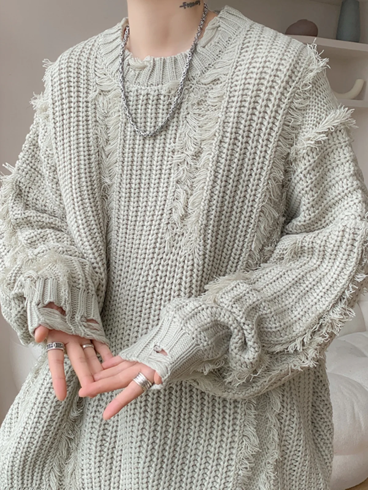 

Trendy Men's Knitted Sweater Autumn Winter Lazy Sle Hole Design American Retro Feel Woolen Sweater Loose Fit round Ne Lon...