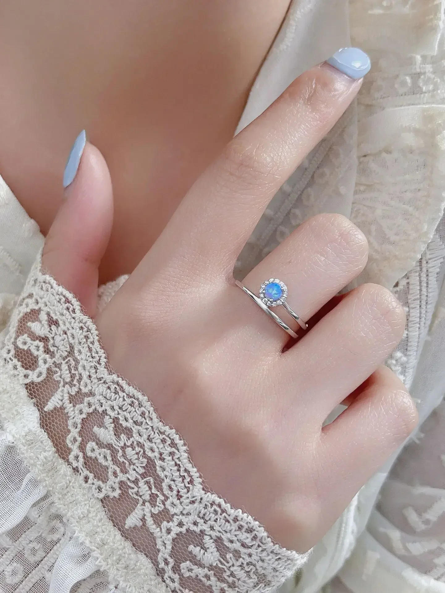 Creative Pure 925 Silver Women's Round Blue Opal Ring with Unique Classic Design for Delicate Style Need