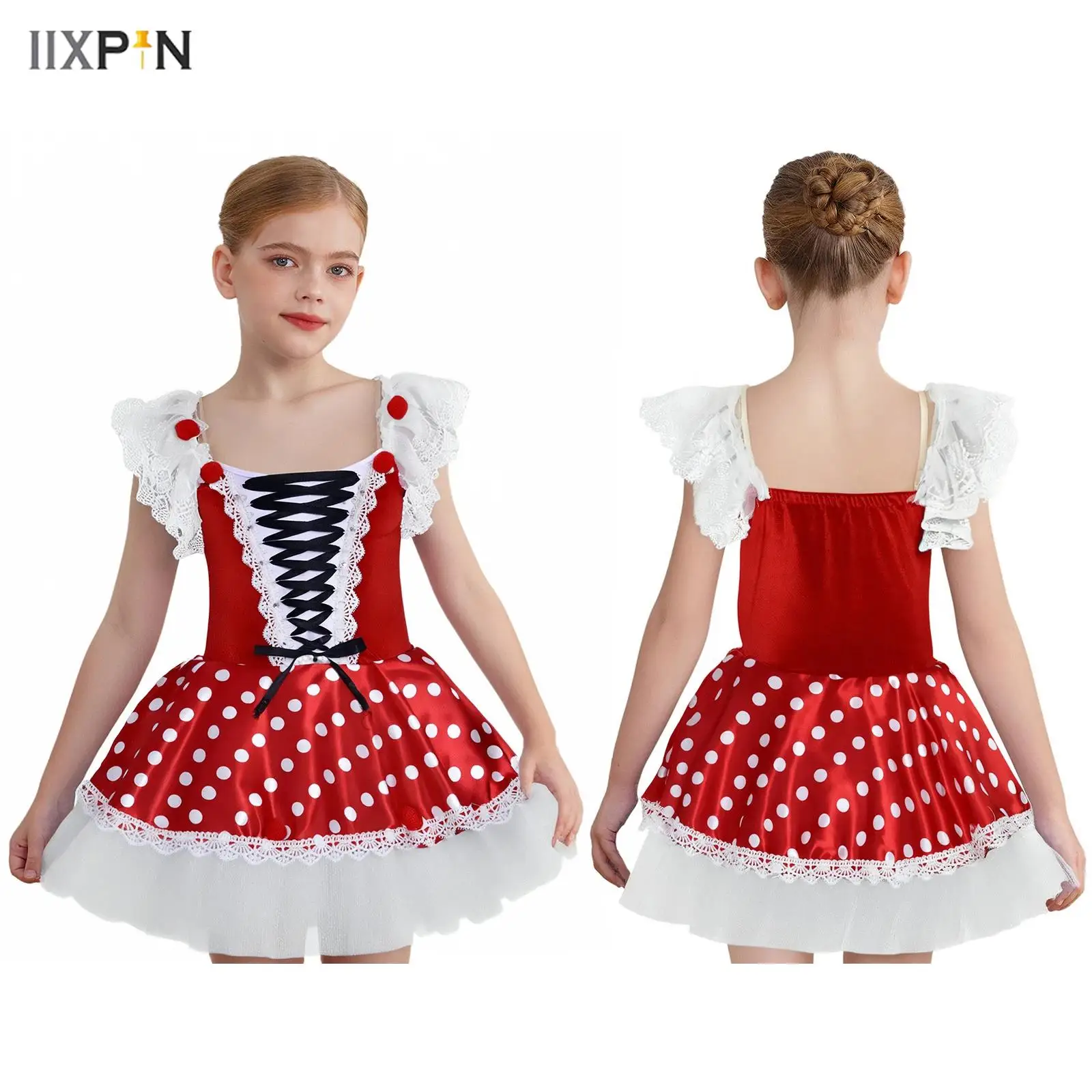

Kids Girls Ballet Dress Adjustable Shoulder Straps Lace Ruffled Sleeves Lace-up Velvet Patchwork Bodice Dots Layered Tutu Dress