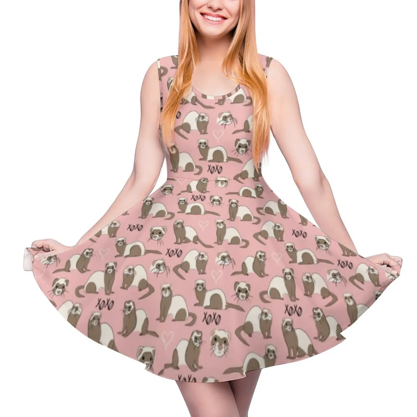 

Love Ferret Pink Dress Cute Animal Print Aesthetic Dresses Women Trendy Skate Dress Spring Design Vestido Big Size 4XL 5XL