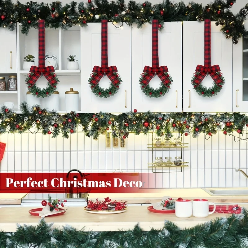 6 Stück Weihnachts-Küchenschrankkränze mit Band, Mini-Weihnachtskranz, kleine Weihnachtsdekoration für Fenster und Tür