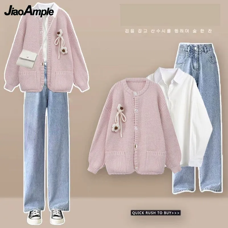 Women\'s Autumn Winter Loose Sweater Coat+Shirt+Jeans Three Piece 2023 New Matching Set Korean Elegant Cardigan Denim Pants Suit