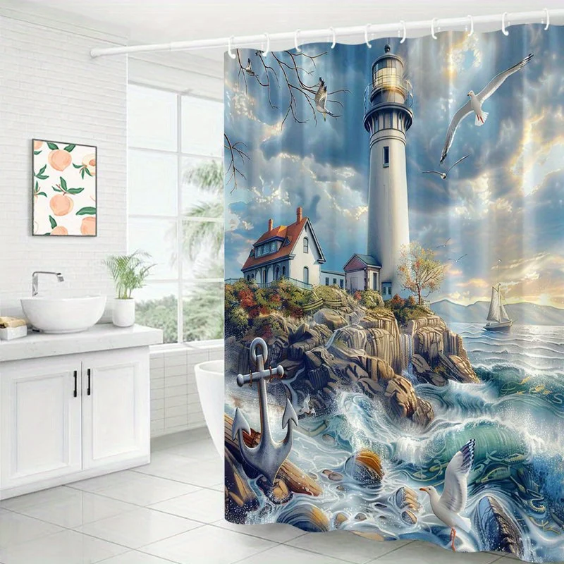 Waterproof Nautical Shower Curtain Lighthouse Ocean Waves Beach Coastal Art Print Waterproof Bathroom Decor Curtain Sea Life