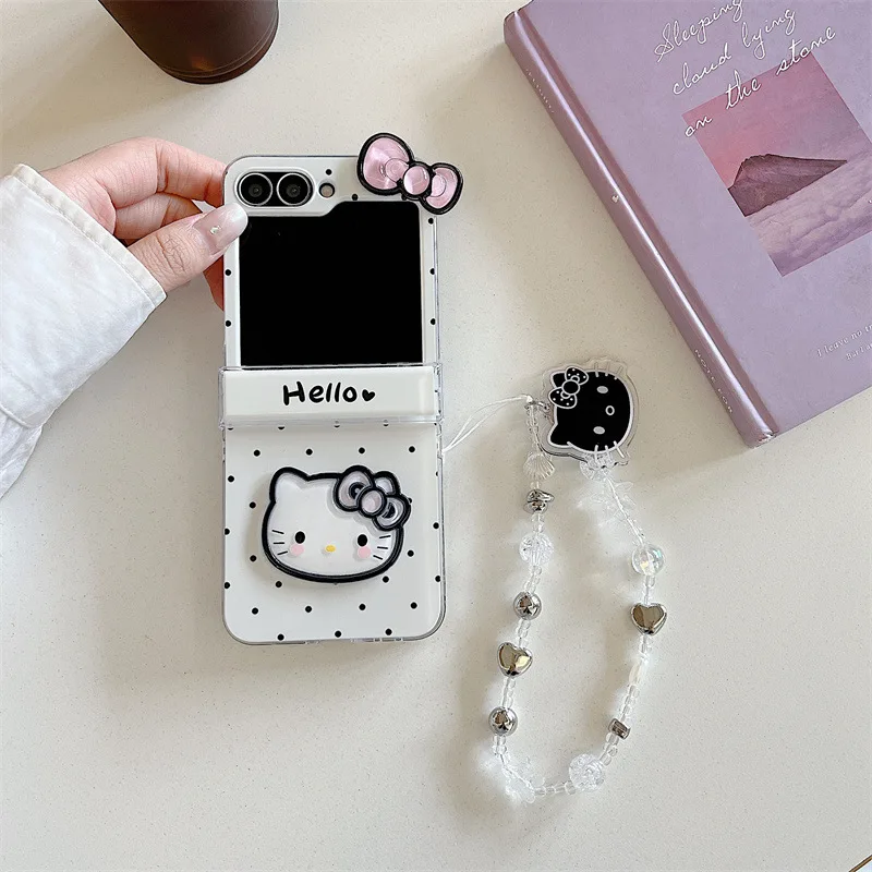 ثلاثية الأبعاد القوس لطيف الكرتون مرحبا كيتي موجة نقطة قضية الهاتف لسامسونج غالاكسي Z فليب 7 6 5 4 3 ZFlip7 FE مكافحة الإفلات غطاء مع الحبل