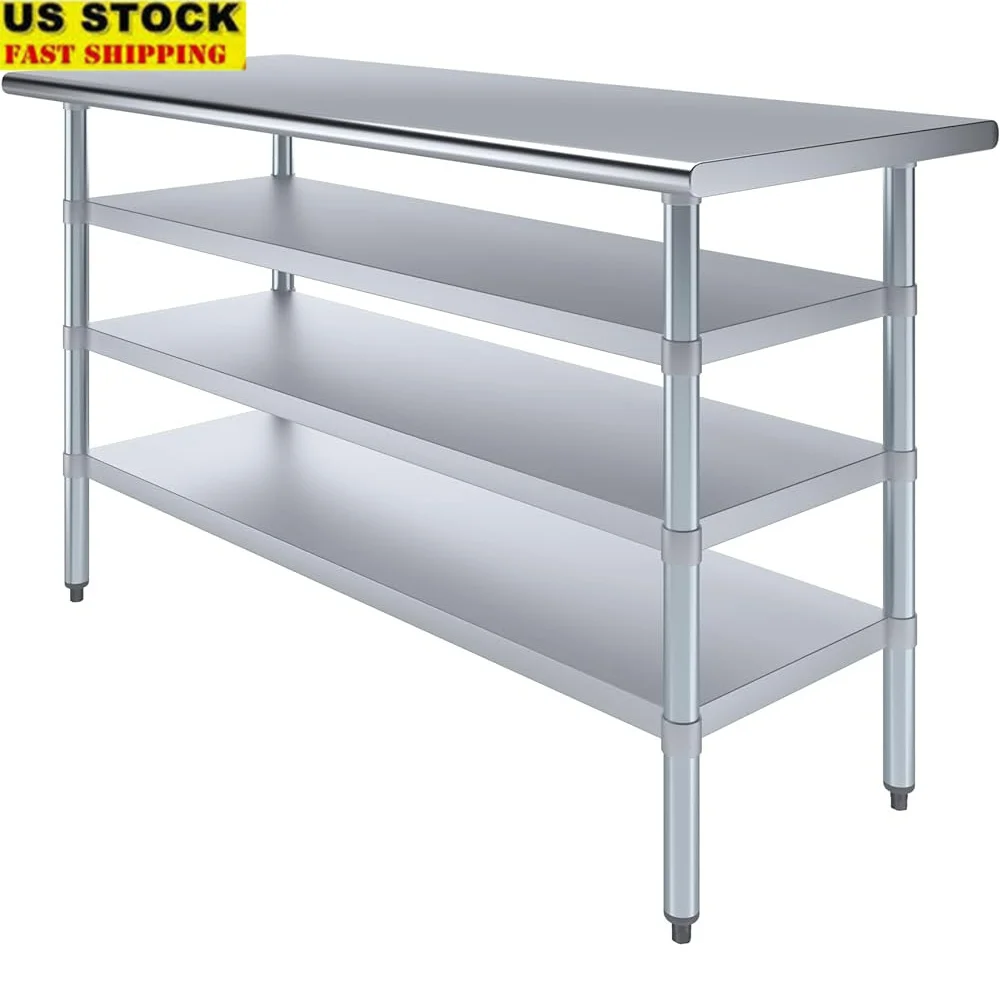 

Industrial Stainless Steel Prep Table NSF Certified with Three Bottom Shelves Perfect Commercial Kitchen Garage Laundry