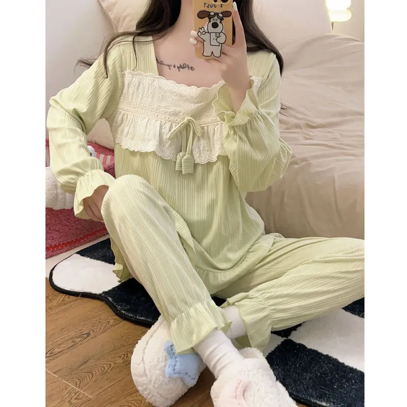 Palace Sleepwear Women's Long Sleeved Pure Cotton Small Fresh Green Internet Famous Style Can Be Worn Outside Home Suit Set