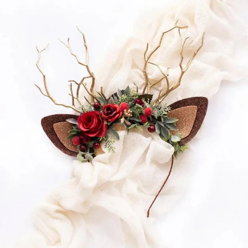 Cute Reindeer Headband Flower Antler Headwear Christmas Elk Hair Accessories For Women Girls Christmas Party Cosplay Props Decor