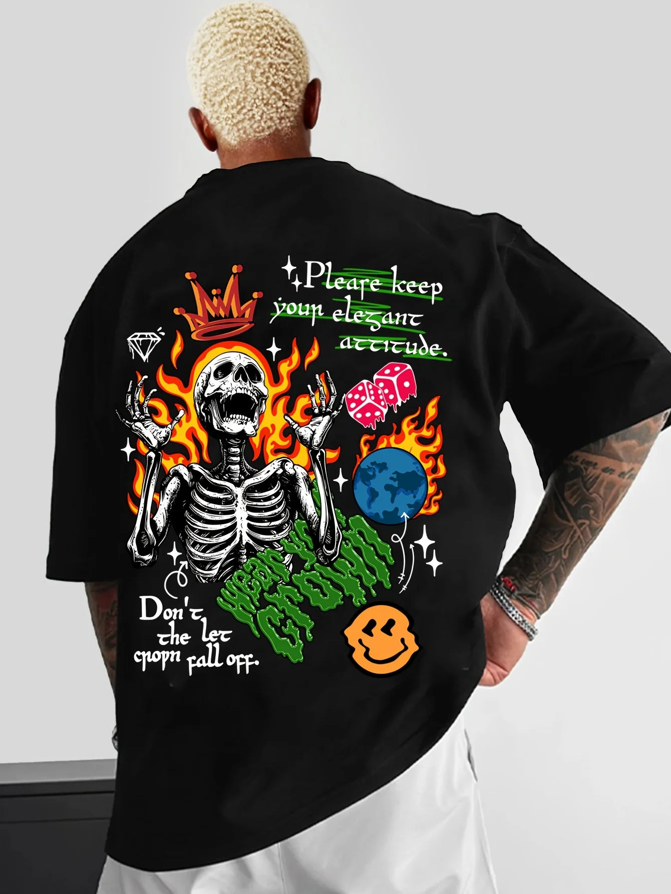 New Cartoon Graffiti Skull Pattern Trendy Men Summer T-shirt Street Style 100% Pure Cotton Soft Material Trendy and Fashionable
