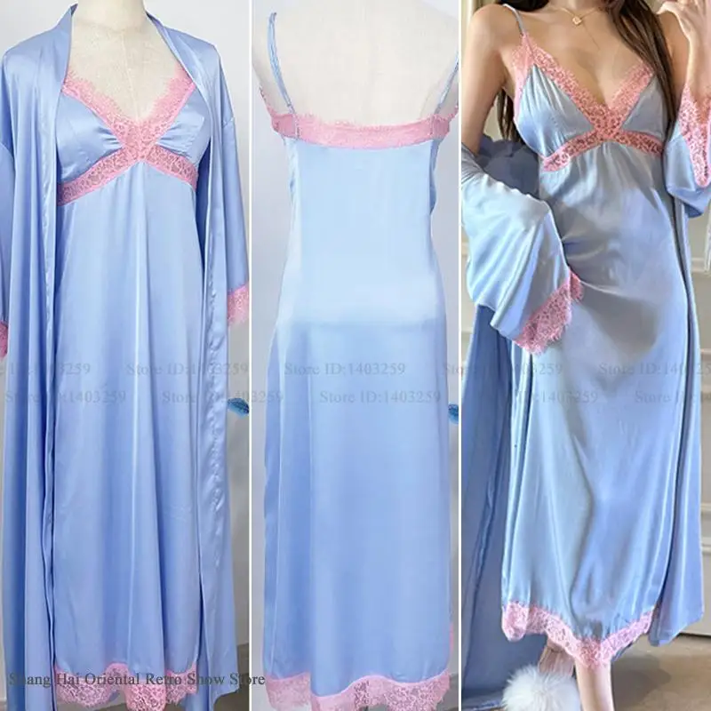 

Новый женский длинный комплект из ледяного шелка, комплект халатов, ночная рубашка, сексуальная кружевная ночная рубашка на подтяжках, нижнее белье, свободная повседневная домашняя одежда, пеньюар, пижама