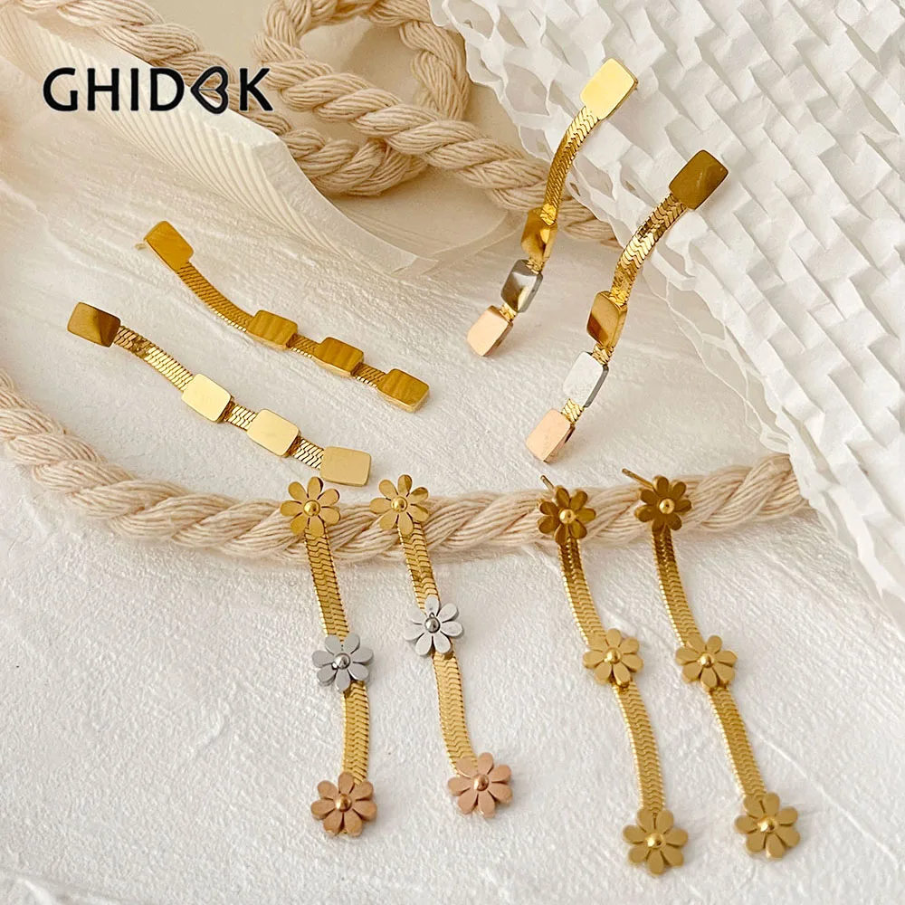 GHIDBK 3 Tone In one Stainless Steel Mix Plated Snake Chain Daisy Rectangle Coin Long Tassel Drop Earrings Jewelry for Women