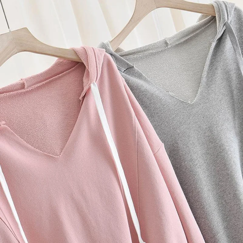 Oversize Spring Female Clothing V-neck Drawstring Solid Color Long Sleeve Pullovers Ladies Korean Style Casual Long Sweatshirts