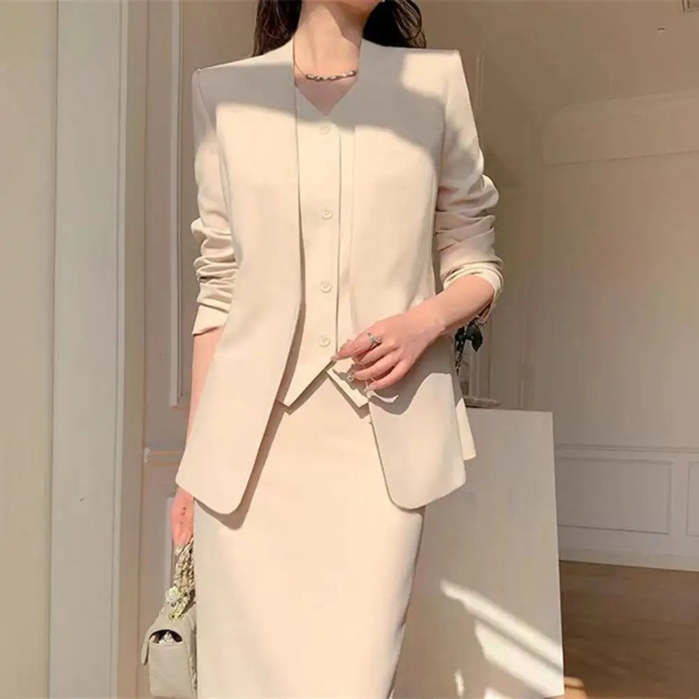 2 Pcs/Set Women Suit Coat Skirt Set Business Style Long Sleeves Lady Commuter Suit Slim Fit Open Sticth Coat High Waist Skirt