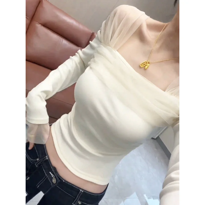 Slim Fit Long Sleeve T-Shirt Women's Autumn Winter Beautiful Mesh Square Collar Short Style Hot Girl Base Shirt Top