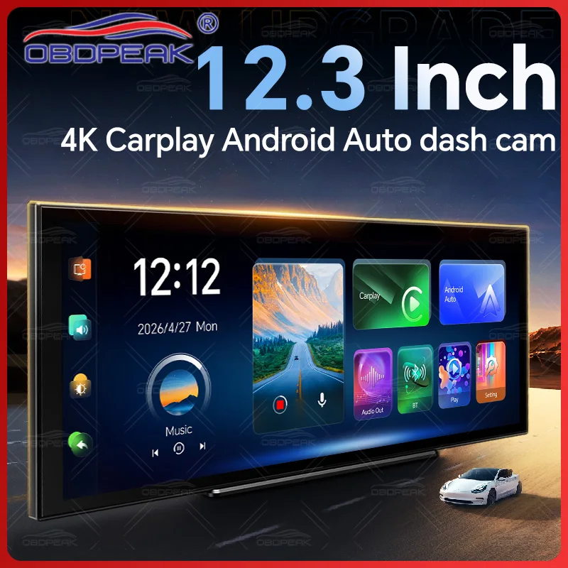 Cámara DVR para coche 4K de 12,3" K9 Max con CarPlay inalámbrico, Android Auto, navegación GPS, doble lente, grabación de video y pantalla para el salpicadero
