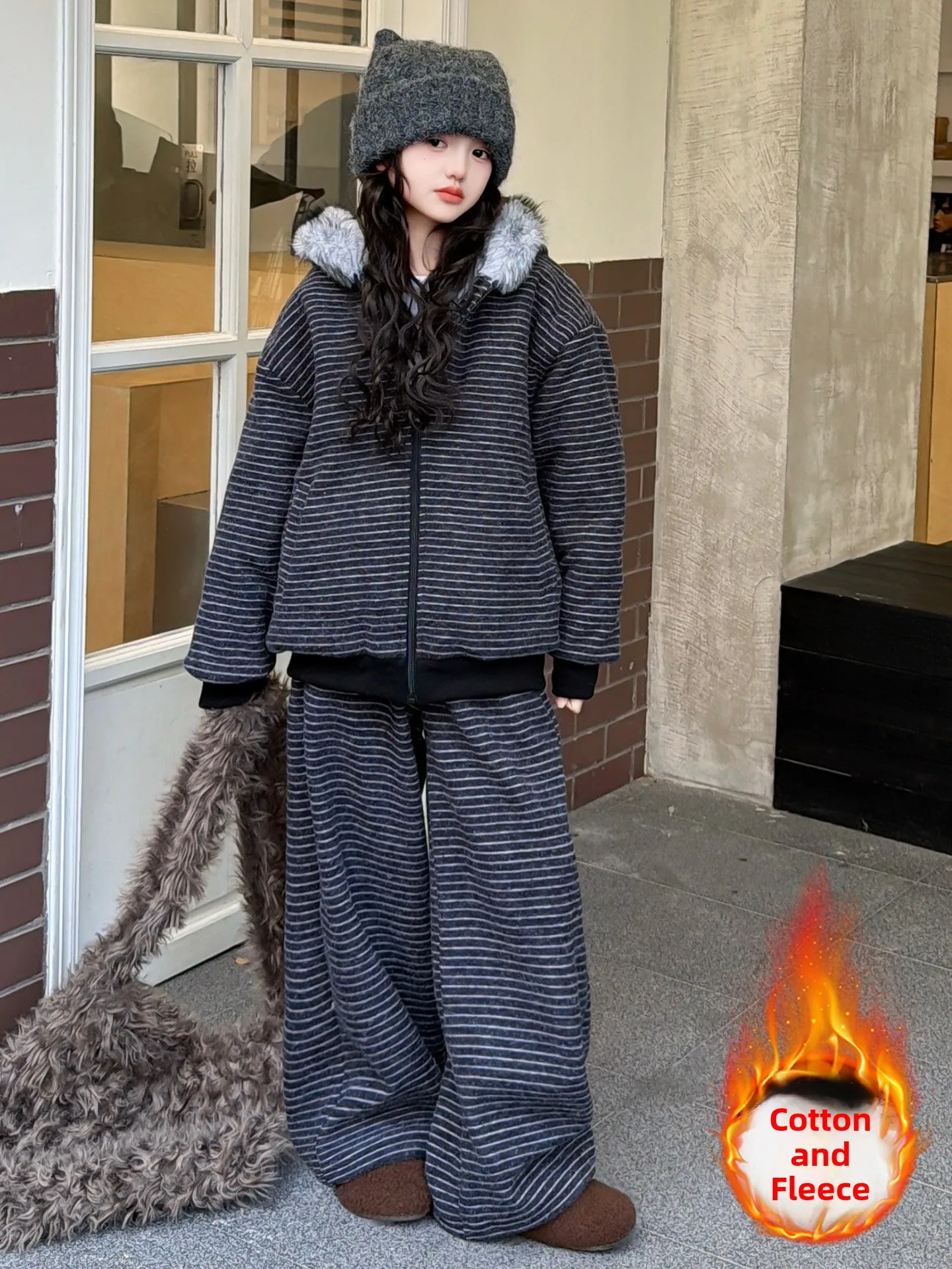 

Thiened Fce Children's Outfit Striped Jaet Wide Leg Pants Two Piece Set Autumn Winter Faionable Kids Clothing