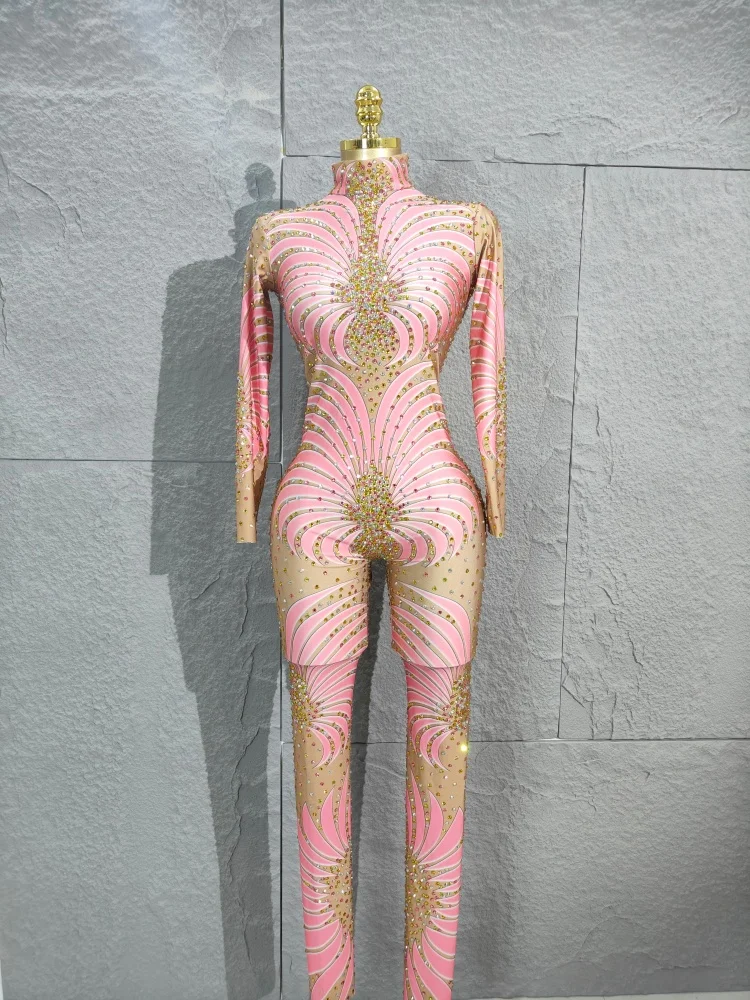 

Luxurious Women Sleeveless Sexy Halter Crystals High Stretch Bodycon Jumpsuit Celerbrate Bar Dancer Performance Costumes Stage