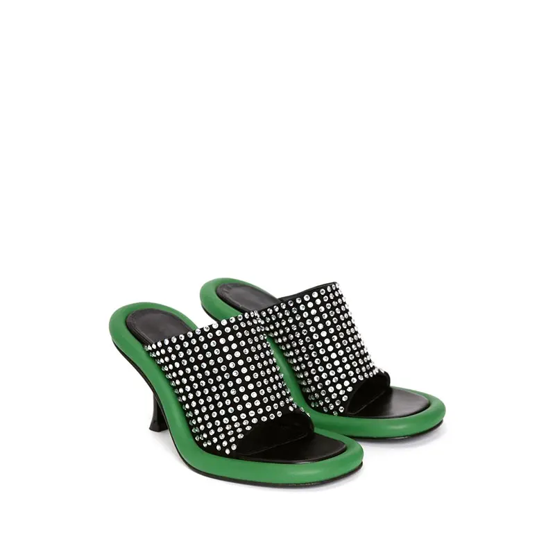 

Women's New Square Headed Open Toe Rhinestone Back Air Sandals Ultra High Heel Contrast Color Outwear Slippers