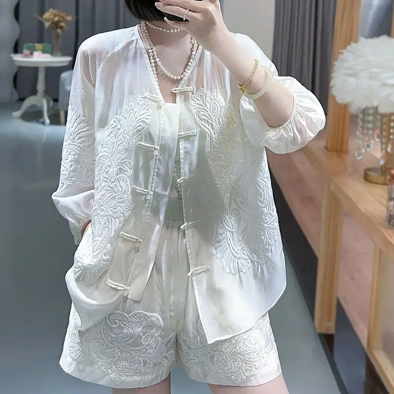(Plus Liner) New National Style Embroidery Foreign Style Improved Hanfu Buckle High-end Outer Loose Shorts Two-piece Set Suits