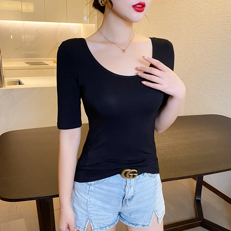 

Simple Women's Mid-Sleeve Tshirt Slim Fit Solid Color Casual Spring Top
