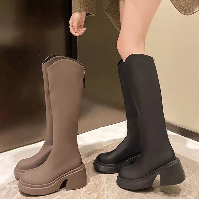 Novos sapatos femininos botas com zíper grosso salto alto simples grosso salto alto outono inverno botas joelho alto botas plus size