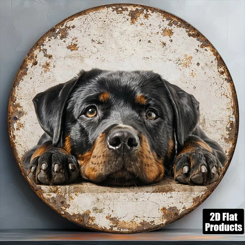 2D Flat, 2D Flat - 1pc 8*8in/20X20cm 2D Flat Round Sign, Vintage Plaque About Rottweilers, Cute Dog Decorative Sign, Suitable fo