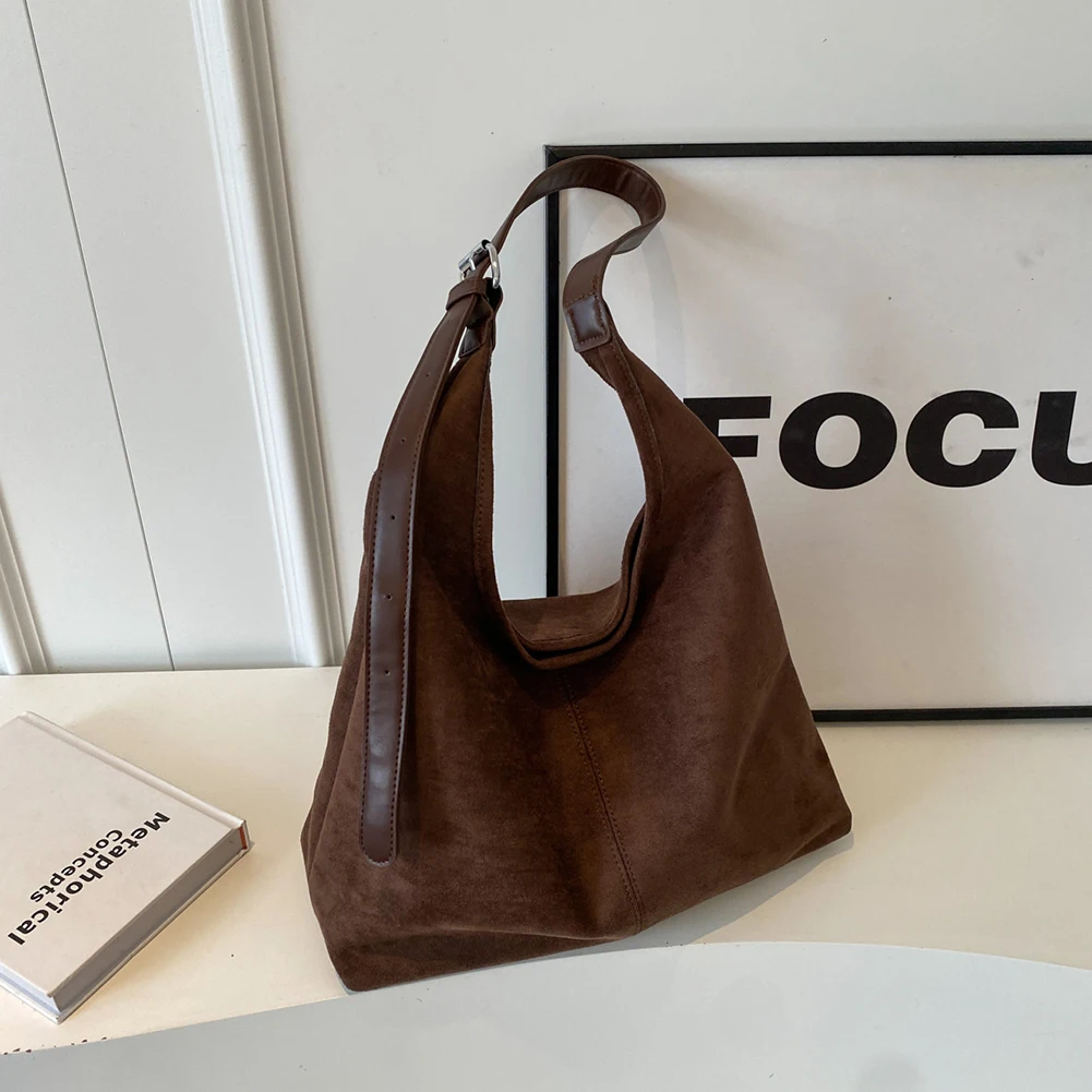 

Женская замшевая сумка на плечо, стильная сумка через плечо, большая вместительная повседневная сумка-тоут, однотонная повседневная сумка с регулируемым ремешком