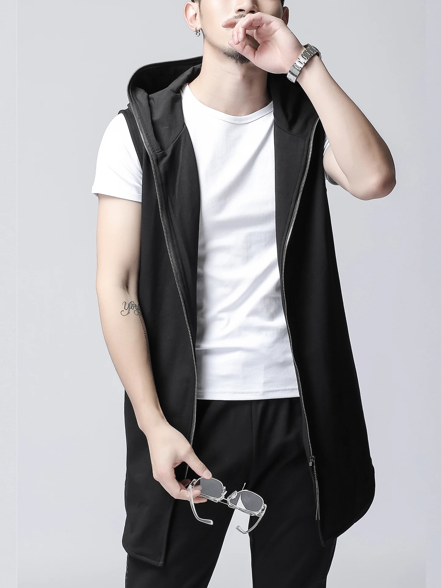 

Trendy Hooded Men's Vest Long Svel Outerwear Spring Casual Cotton Blend Fabric Breathable Sweat Absorbent Youth Sle