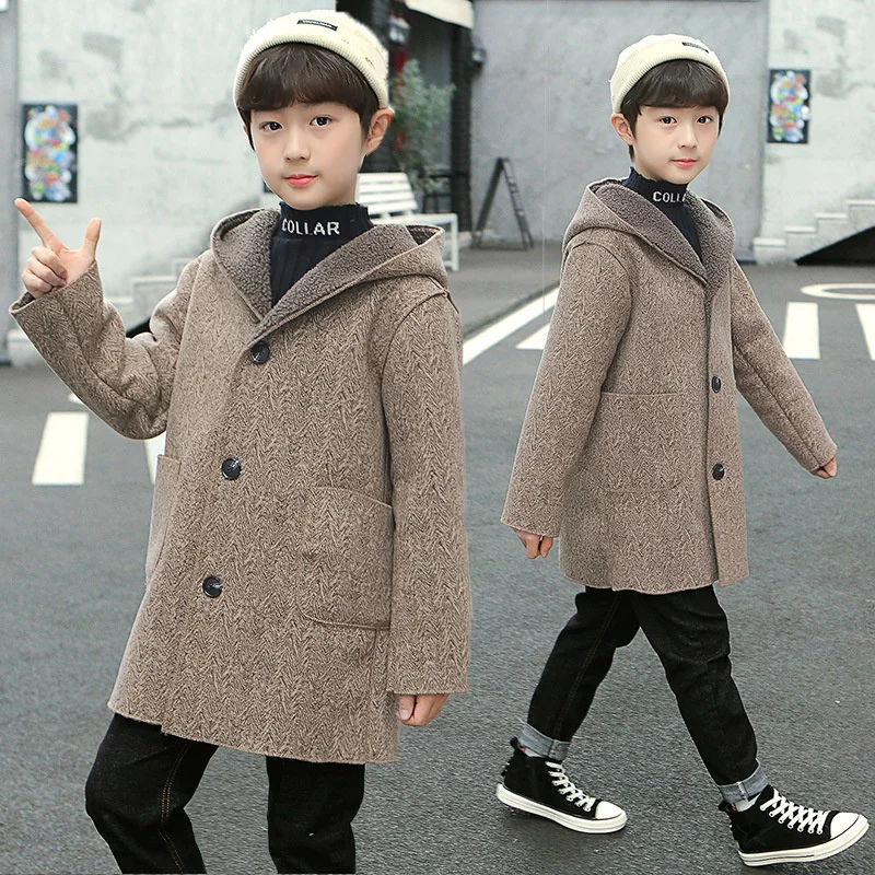 Girls Wool Coat Jacket Outerwear 2022 Khaki Thicken Velvet Winter Autumn Cotton Plus Size Windproof Children\'s Clothing