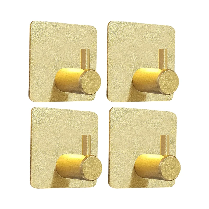 4Pcs Aluminum Alloy Golden Self Adhesive Hooks,For Sticky Wall Door Robe Tea Towel Rustproof Towel Rack,Clothes Coat Hook