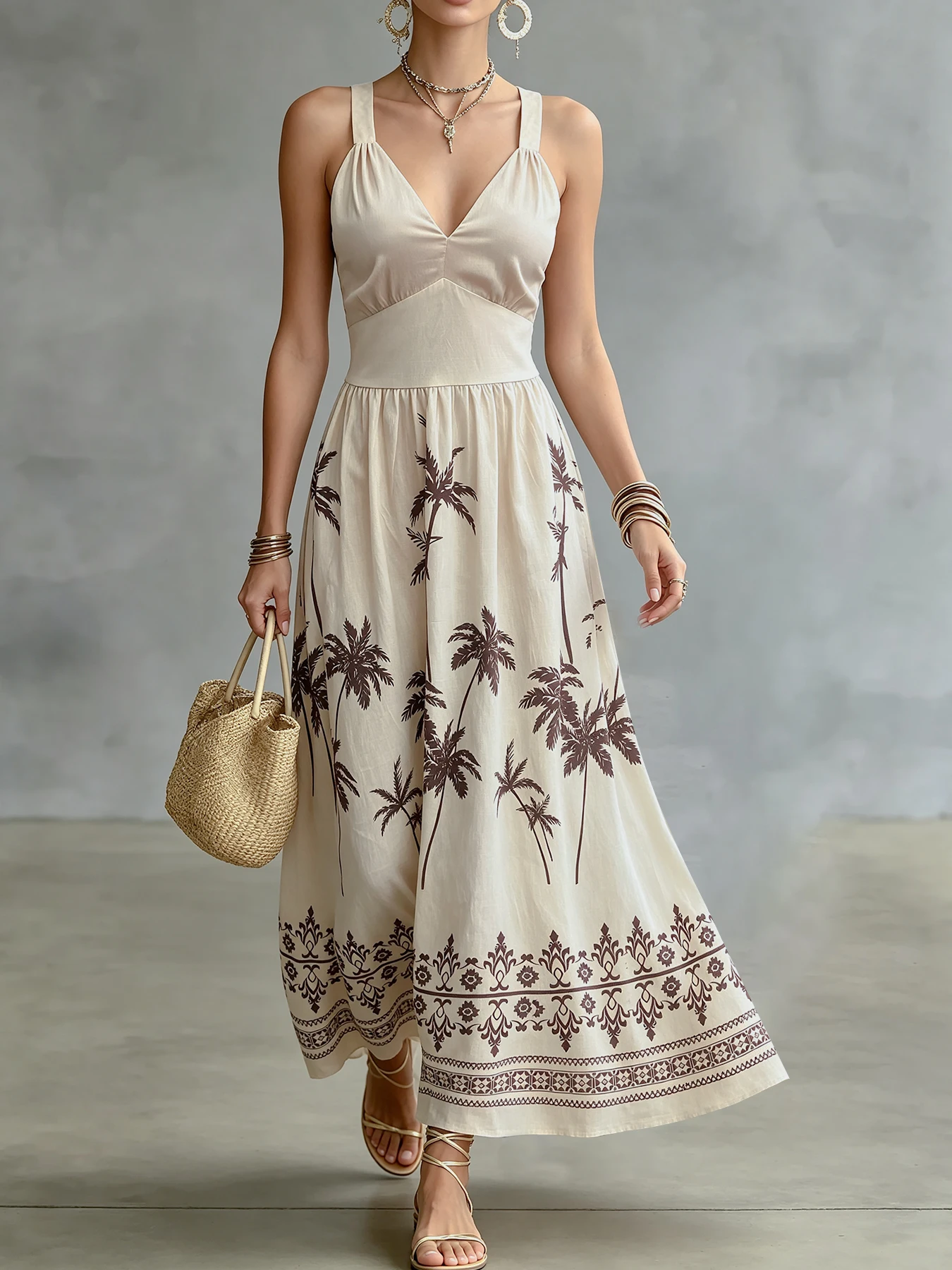 Damen-Midikleid mit Palmenmuster, V-Ausschnitt, Spaghettiträgern, Boho-Stil, Tribal-Bordüre am Saum, Sommer-Strandkleid