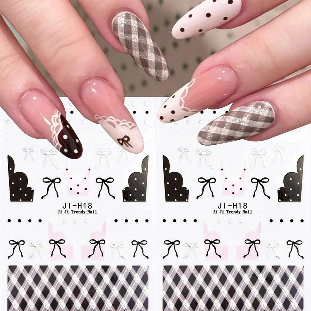 Brown nail stickers featuring a diamond, polka-dot, and bow pattern; French wavy line nail decals; wedding nail art decorations.