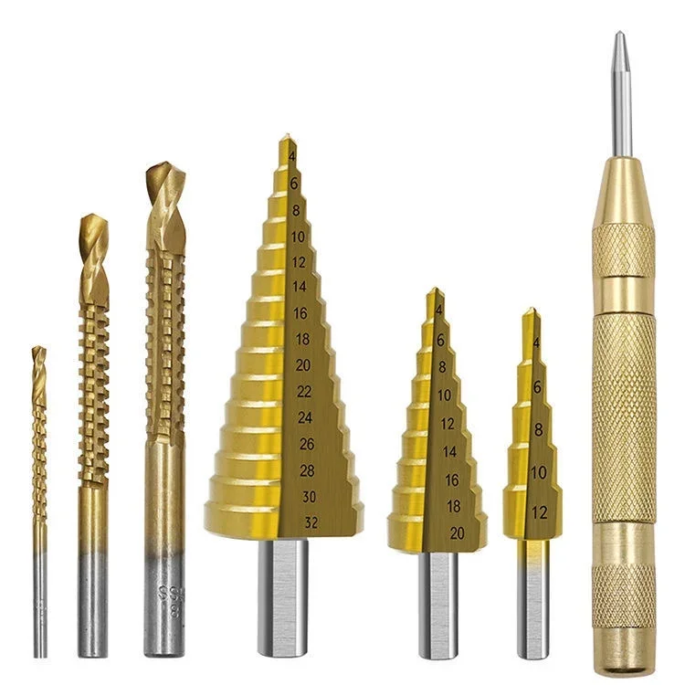 HSS Straight Groove Step Drill Bit Set Titanium Coated Wood Metal Hole Opener Cutter Core Step Drill Bit Set 3-12/4-12/4-20mm