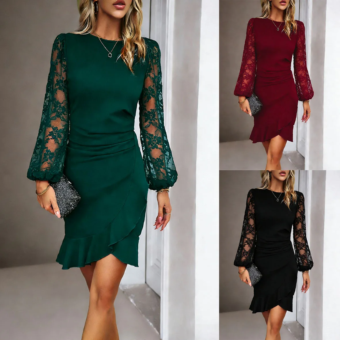 

Модное женское платье 2026 года с кружевными рукавами-фонариками, элегантное, с завышенной талией, из плотного трикотажного полиэстера, с длинными рукавами, для повседневной носки