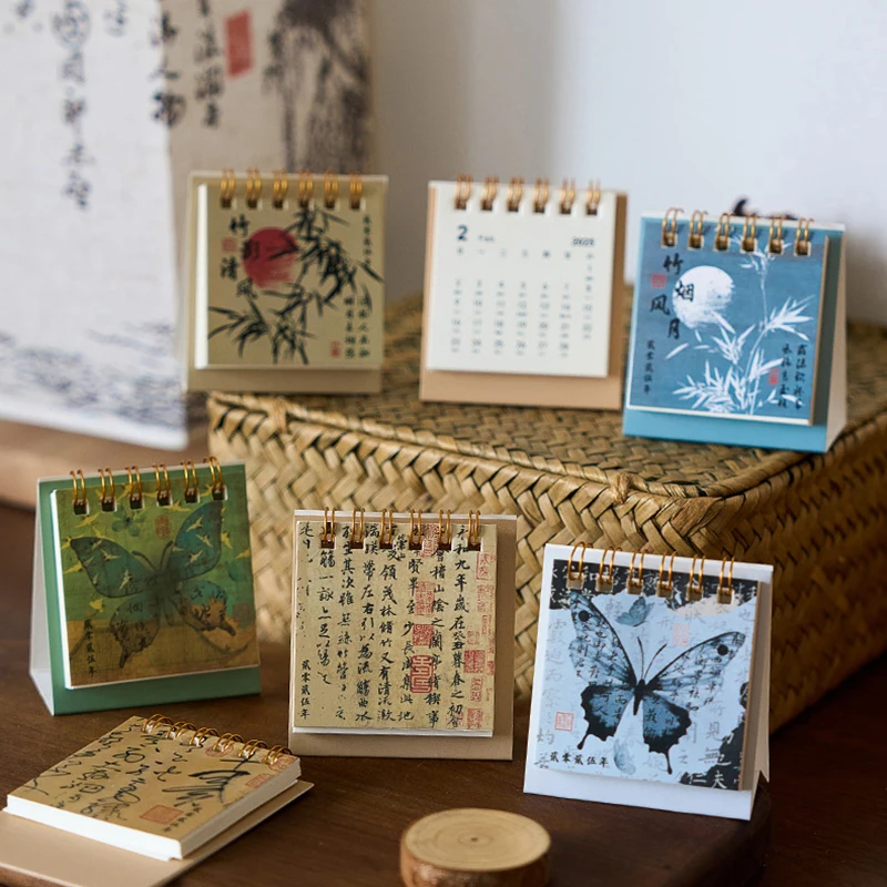 Estilo chinês vintage 2025 calendário de mesa mini desktop planejador calendário estudante suprimentos criativo alta qualidade pequeno calendário