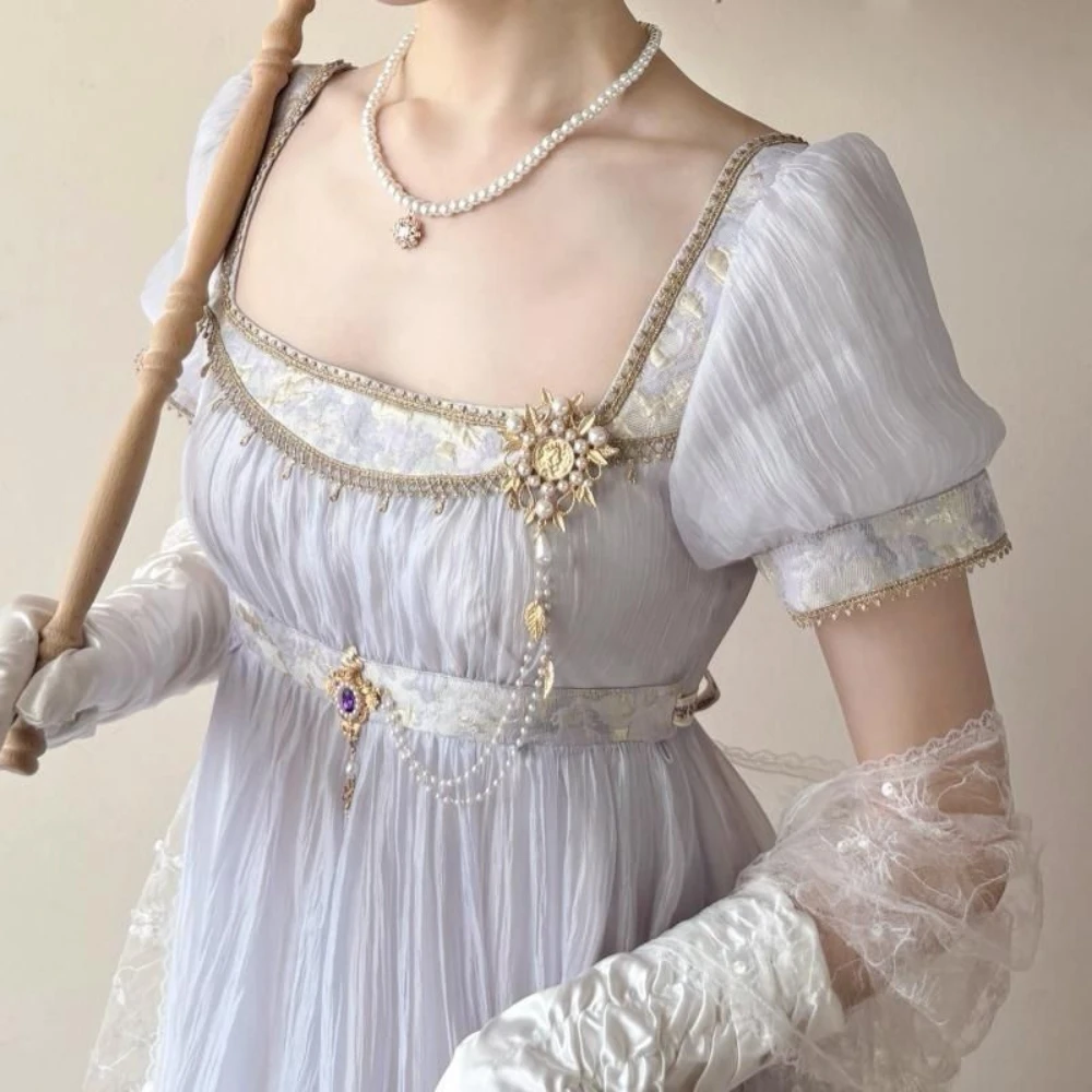 Elegante Abito Formale Stile Harajuku con Vita Impero, Vestito Lolita Vintage Verde con Pizzo e Perline